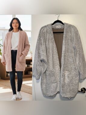 Koolaburra by UGG Faux Fur Open-Front Cardigan - Light Gray & Tan